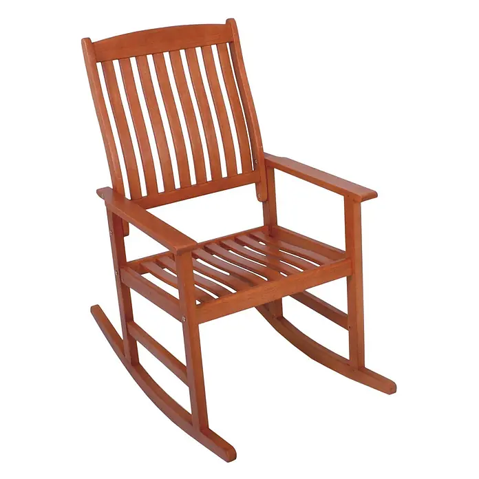 Jardinion Gartenliege Schaukelstuhl 62cm x 93cm x 105cm Wippstuhl, Relaxsessel Eukalyptusholz FSC - Braun, Holz - Brauner Holzschaukelstuhl mit Lattenrücken und -sitz, mit geschwungenen Kufen.