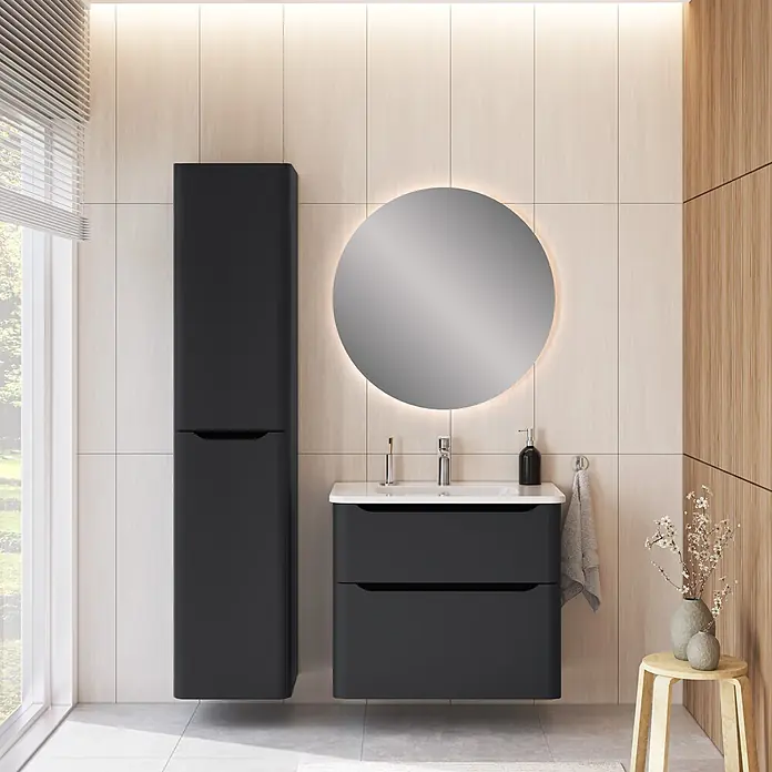 VitrA Integra Round Badmöbel-Set - Gesamtbreite Badmöbel: 80 cm, Graphit, Matt - Dunkelgrauer Badezimmerschrank und hoher Hochschrank in einem modernen Bad.