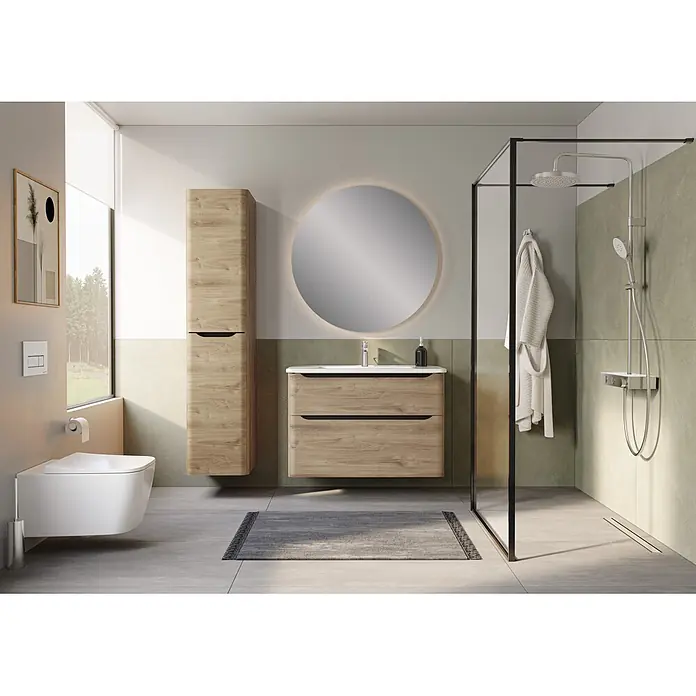 VitrA Integra Round Hochschrank - B x T x H: 40 x 37 x 180 cm, Eiche Gold, DIN Anschlag: Rechts, Inklusive 4 Glaseinlegeböden - Modernes Bad mit hellem Holzwaschtisch, Hochschrank, beleuchtetem Spiegel, Wand-WC und Glasdusche.