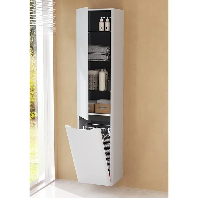 VitrA Hochschrank Integra Round - B x T x H: 40 x 37 x 180 cm, Hellgrau, DIN Anschlag: Links, Inklusive 3 Glasböden und Wäscheklappe - Weißer Badschrank mit geöffneten Türen, der Ablagen für Handtücher & Pflegeprodukte sowie einen ausklappbaren Wäschekorb zeigt.
