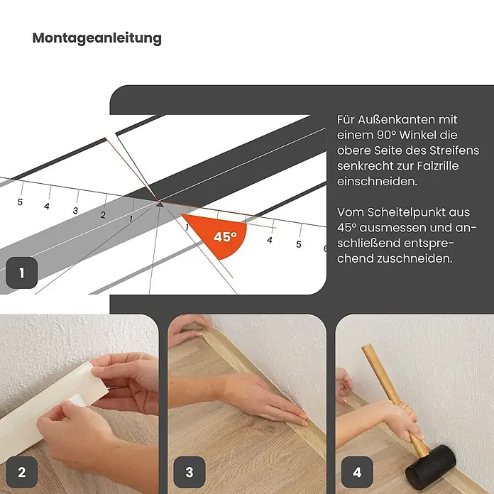 Dalsys Weichsockelleiste 15m Weichsockelleiste selbstklebend Buche -  - Montageanleitung für helle selbstklebende Sockelleisten in Holzoptik, zeigt Eckzuschnitt und Anbringen an der Wand.