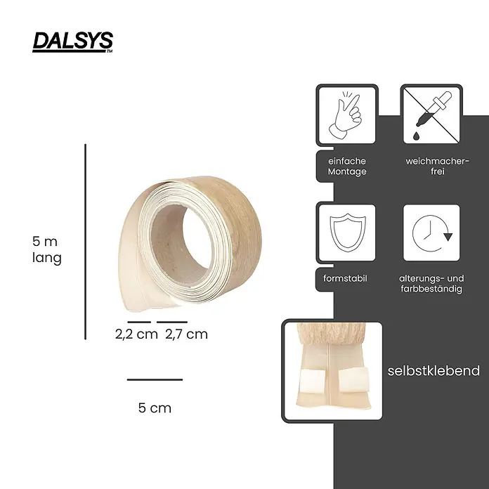 Dalsys Weichsockelleiste 5m Weichsockelleiste selbstklebend Eiche hell -  - Eine Rolle selbstklebendes, helles Holzfurnier-Kantenband, 5m lang, 2,2 und 2,7 cm breit, formstabil, alterungs- und farbbeständig.