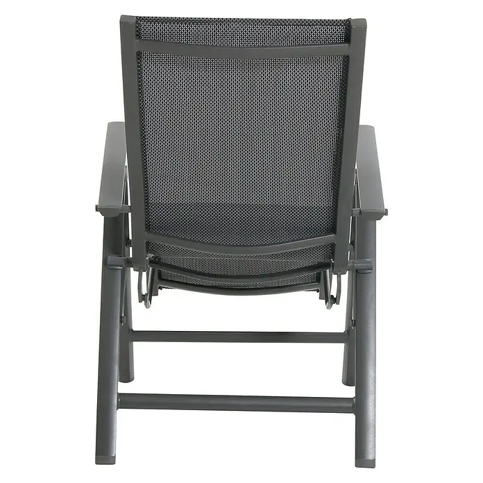 Sunfun Maja Garten-Liegestuhl - Aluminium, Textil, Rückenlehne verstellbar, Anthrazit, B x T x H: 61 x 69 x 111 cm - Rückansicht eines stilvollen grauen Gartenstuhls mit Armlehnen und atmungsaktivem Netzstoff für Komfort im Freien.