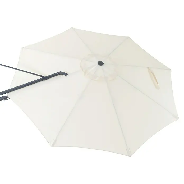 Sunfun Parasol de jardín Ligurien - Crudo, Diámetro de cobertura: 300 cm - Un parasol de exterior color crema, visto desde abajo, que muestra la tela del dosel y su estructura de soporte de metal oscuro.