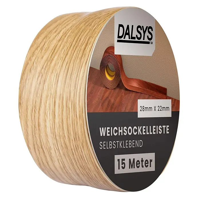 Dalsys Weichsockelleiste 15m Weichsockelleiste selbstklebend Eiche -  - Aufgerollte, selbstklebende Weichsockelleiste in heller Holzoptik, 28x22mm, 15 Meter. DALSYS Marke.