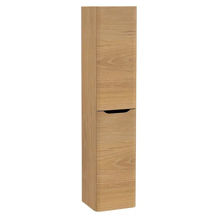 VitrA Integra Round Hochschrank - B x T x H: 40 x 37 x 180 cm, Eiche Gold, DIN Anschlag: Links, Inklusive 4 Glaseinlegeböden - Helles Holz Hochschrank mit zwei Fächern, der untere mit integriertem Griff.