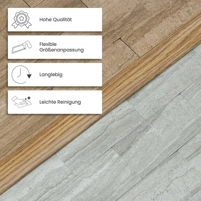 Dalsys Abschlussleiste 90cm Übergangsprofil 50mm Buche -  - Grafik mit Merkmalen eines holzfarbenen Bodenprofils: hohe Qualität, Flexibilität, Langlebigkeit, leichte Reinigung.