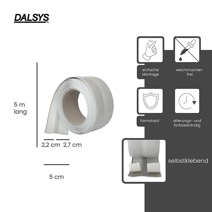 Dalsys Weichsockelleiste 5m Weichsockelleiste selbstklebend Grau -  - Hellgraues selbstklebendes Dichtungsband aufgerollt, 5m lang, 2,2-2,7cm breit.