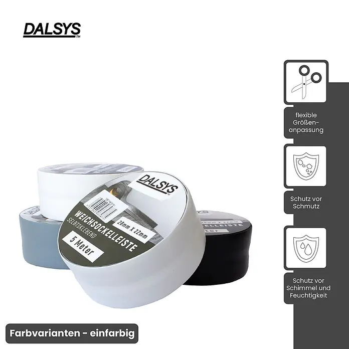Dalsys Weichsockelleiste 15m Weichsockelleiste selbstklebend Schwarz -  - Dalsys selbstklebende Weichsockelleiste in Weiß, Grau, Schwarz. Schützt vor Schmutz, Schimmel, Feuchtigkeit; flexible Anpassung.