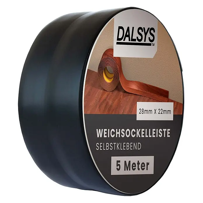 Dalsys Weichsockelleiste 5m Weichsockelleiste selbstklebend Schwarz -  - Schwarze Rolle DALSYS selbstklebender Sockelleiste in Holzoptik, 28x22mm, 5 Meter lang.