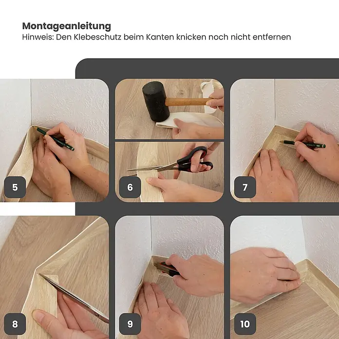 Dalsys Weichsockelleiste 5m Weichsockelleiste selbstklebend Schwarz -  - Installationsschritte für flexible Sockelleiste in heller Holzoptik, die an Innen- und Außenecken zugeschnitten und angebracht wird.