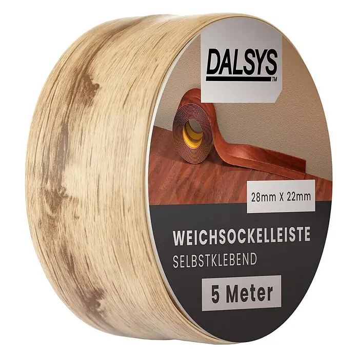 Dalsys Weichsockelleiste 5m Weichsockelleiste selbstklebend Gebleichte Eiche -  - Rolle hellbrauner Dalsys selbstklebender Weichsockelleiste in Holzoptik, 28x22mm, 5 Meter lang.