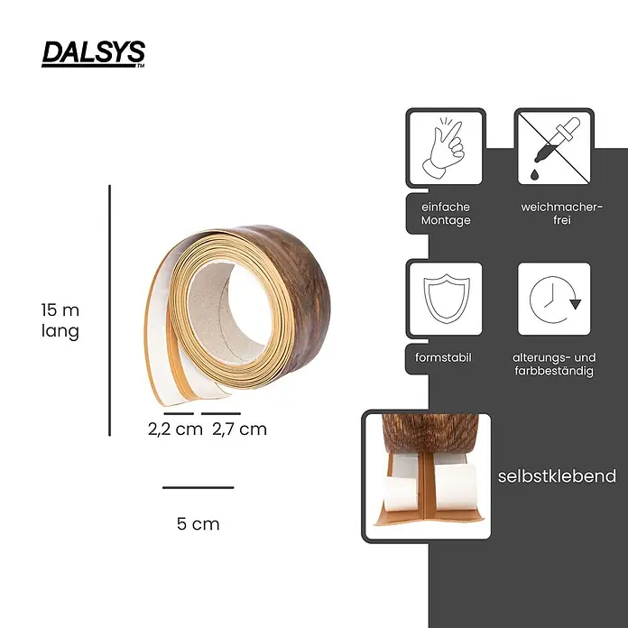 Dalsys Weichsockelleiste 15m Weichsockelleiste selbstklebend Kastanie -  - Holzoptik-Selbstklebekante, 15m lang, weichmacherfrei und langlebig.