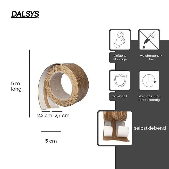 Dalsys Weichsockelleiste 5m Weichsockelleiste selbstklebend Dunkle Eiche -  - Rolle selbstklebendes Kantenband in Holzoptik, 5m lang, 2.2/2.7cm breit.