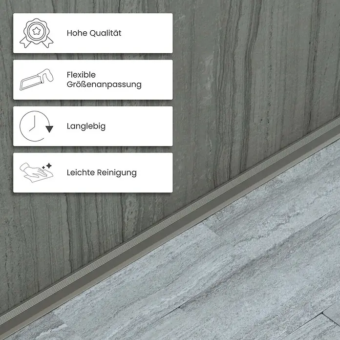 Dalsys Abschlussleiste 100cm Abschlussprofil Land-Eiche -  - Metallisches Übergangsprofil mit Rillen, verbindet zwei graue Bodenbeläge.