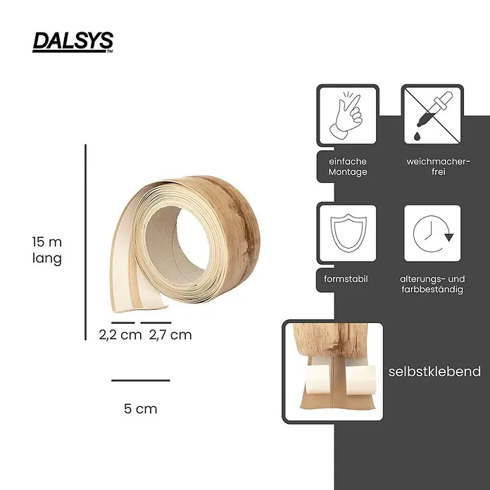 Dalsys Weichsockelleiste 15m Weichsockelleiste selbstklebend Gebleichte Eiche -  - Rolle selbstklebendes Kantenband in heller Holzoptik, 15m lang, 2,2-2,7cm breit.