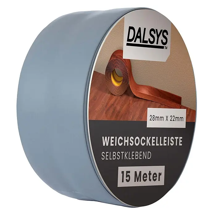 Dalsys Weichsockelleiste 15m Weichsockelleiste selbstklebend Dunkelgrau -  - Hellgraue Rolle selbstklebender Weichsockelleiste, 28x22mm, 15m, mit Holzdekor auf dem Etikett.