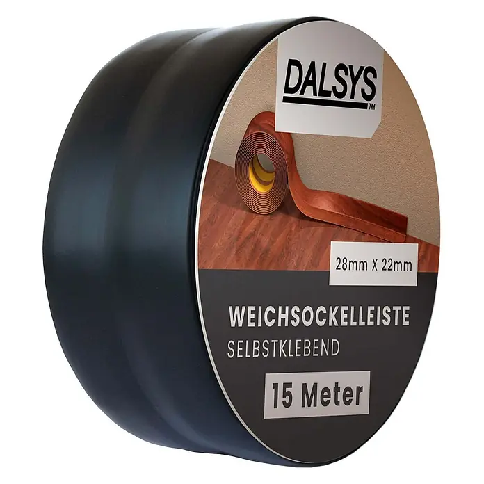 Dalsys Weichsockelleiste 15m Weichsockelleiste selbstklebend Schwarz -  - Dunkle Rolle DALSYS selbstklebender Weichsockelleiste. Das Etikett zeigt eine holzgemusterte Leiste als Fußleiste.