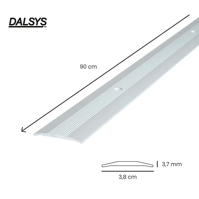 Dalsys Abschlussleiste 90cm Übergangsprofil 38mm Anpassungsprofil inkl. Befestigung Silber -  - DALSYS silberne Aluminium-Übergangsschiene, 90 cm lang, 3,8 cm breit, 3,7 mm hoch, für glatte Bodenübergänge.