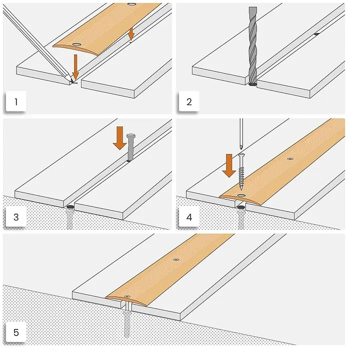 Dalsys Abschlussleiste 90cm Übergangsprofil 38mm Anpassungsprofil inkl. Befestigung Silber -  - Schritt-für-Schritt-Installation einer holzfarbenen Übergangsschiene, mit Anzeichnen, Bohren und Verschrauben zwischen Bodenpaneelen.
