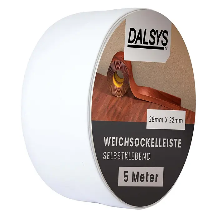 Dalsys Weichsockelleiste 5m Weichsockelleiste selbstklebend Weiß -  - Eine Rolle DALSYS selbstklebende Sockelleiste in Holzoptik (28x22mm, 5 Meter), teilweise an Wand und Boden abgerollt gezeigt.