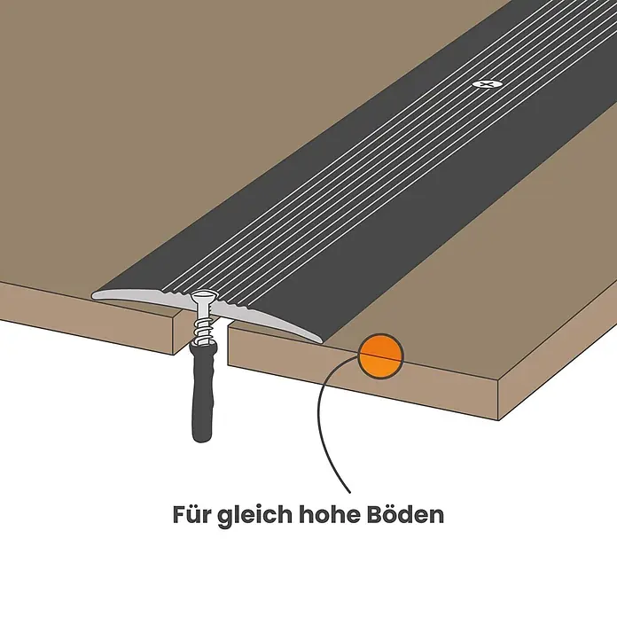 Dalsys Abschlussleiste 90cm Übergangsprofil 38mm Anpassungsprofil inkl. Befestigung Silber -  - Graues Bodenübergangsprofil mit Rillen, mit einer Schraube zwischen zwei gleich hohen Böden montiert.