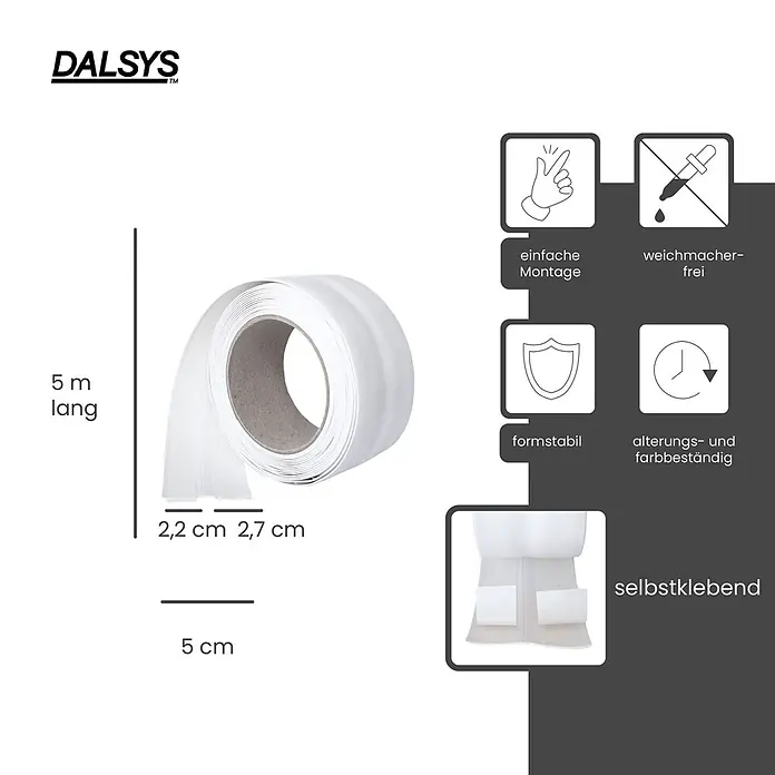 Dalsys Weichsockelleiste 5m Weichsockelleiste selbstklebend Weiß -  - Weißes, selbstklebendes Band auf einer Rolle, 5m lang, 2,2/2,7 cm breit, formstabil und alterungsbeständig.