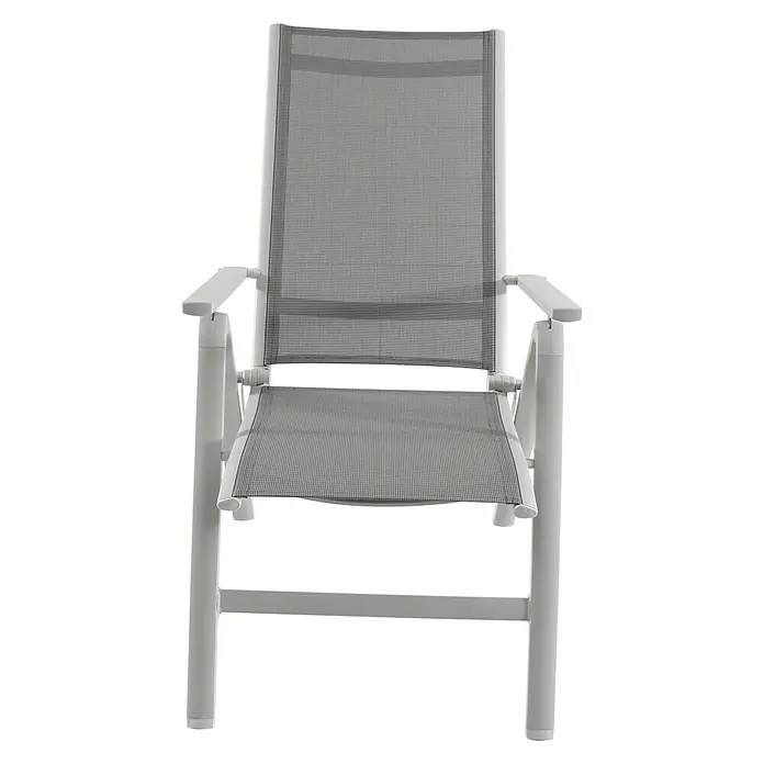 Sunfun Hannah Sillón de posiciones - 67 x 60 x 110 cm, Gris, Apilable - Imagen de una silla de jardín gris de aluminio con reposabrazos.