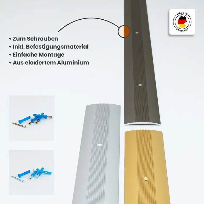 Dalsys Abschlussleiste 90cm Übergangsprofil 38mm Anpassungsprofil inkl. Befestigung Silber -  - Drei eloxierte Aluminium-Übergangsprofile in Silber, Gold und Dunkelgrau, mit Schrauben und Dübeln.