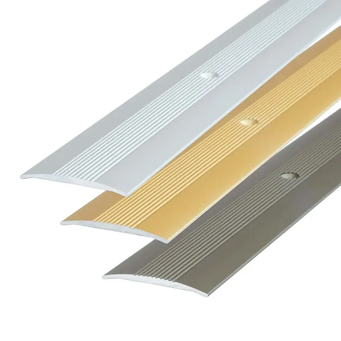 Dalsys Abschlussleiste 90cm Übergangsprofil 38mm Anpassungsprofil inkl. Befestigung Silber -  - Drei Aluminium-Übergangsprofile in Silber, Gold und Grau.