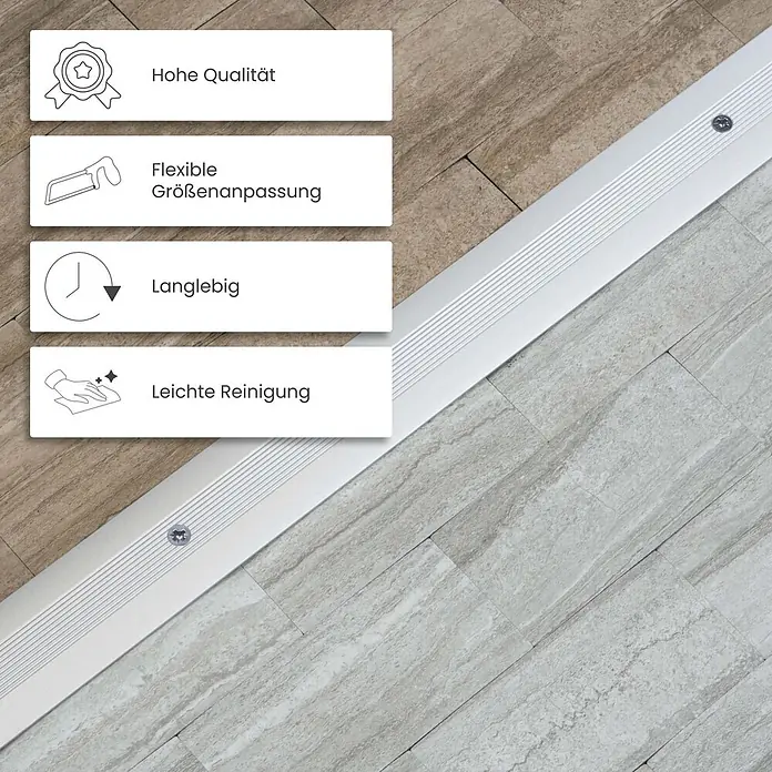 Dalsys Abschlussleiste 90cm Übergangsprofil 38mm Anpassungsprofil inkl. Befestigung Silber -  - Weißes Metall-Übergangsprofil, das zwei Bodenbeläge verbindet und verschraubt ist.