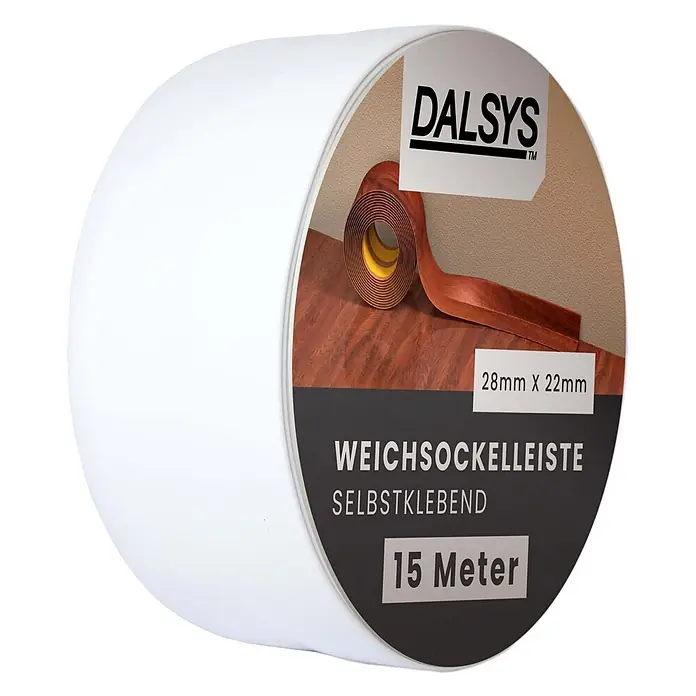 Dalsys Weichsockelleiste 15m Weichsockelleiste selbstklebend Weiß -  - DALSYS 15m Rolle selbstklebende Weichsockelleiste (28x22mm) in rotbrauner Holzoptik.