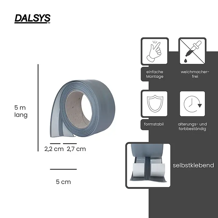 Dalsys Weichsockelleiste 5m Weichsockelleiste selbstklebend Dunkelgrau -  - Graues selbstklebendes Kantenband auf Rolle, 5m lang, mit Maßen 2,2 cm und 2,7 cm breit.