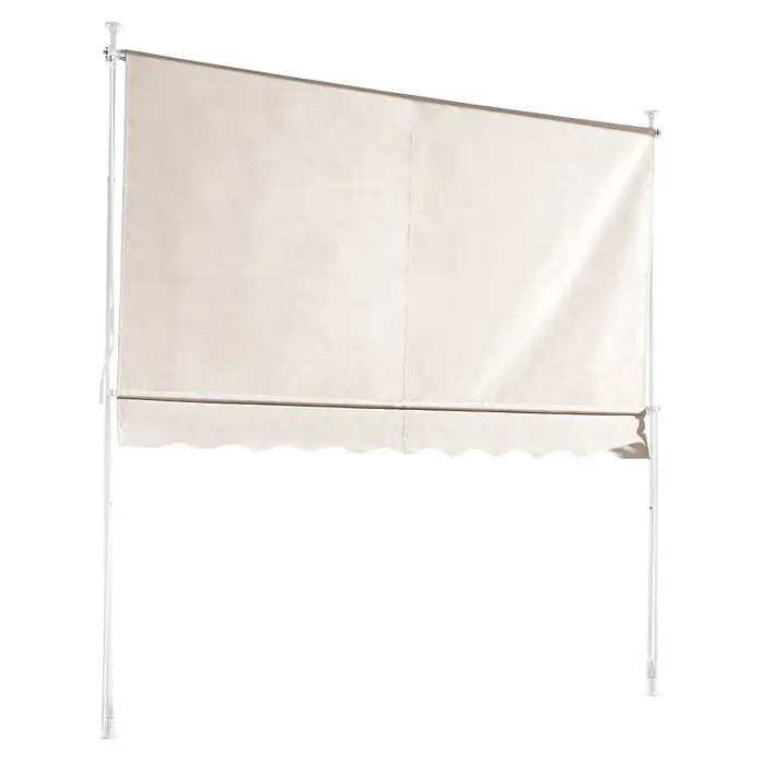 Sunfun Klemmmarkise / Senkrechtmarkise - Beige, Breite: 2,5 m, Ausfall: 1,3 m - Hellbeige ausziehbare Markise mit Stützstangen und dekorativem Wellensaum.