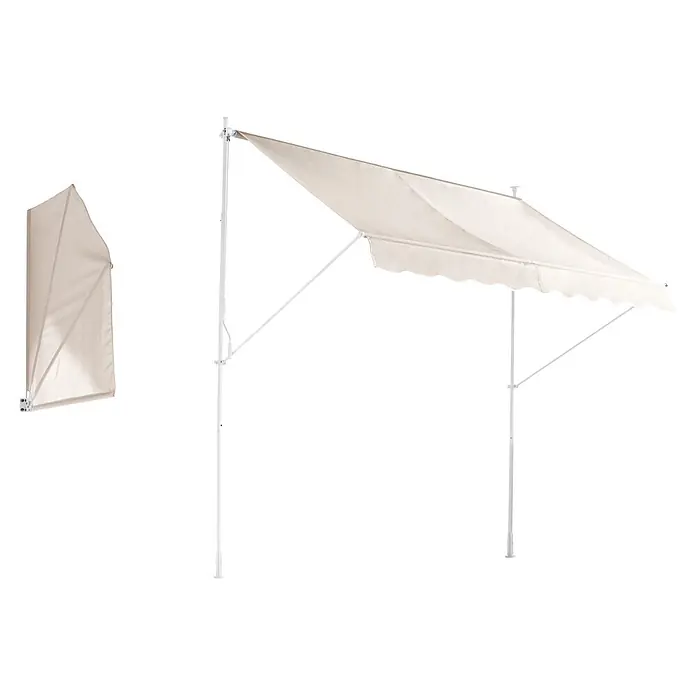 Sunfun Klemmmarkise / Senkrechtmarkise - Beige, Breite: 2,5 m, Ausfall: 1,3 m - Cremefarbene Markise, ausgeklappt als Sonnenschutz und zusammengefaltet zur Aufbewahrung.