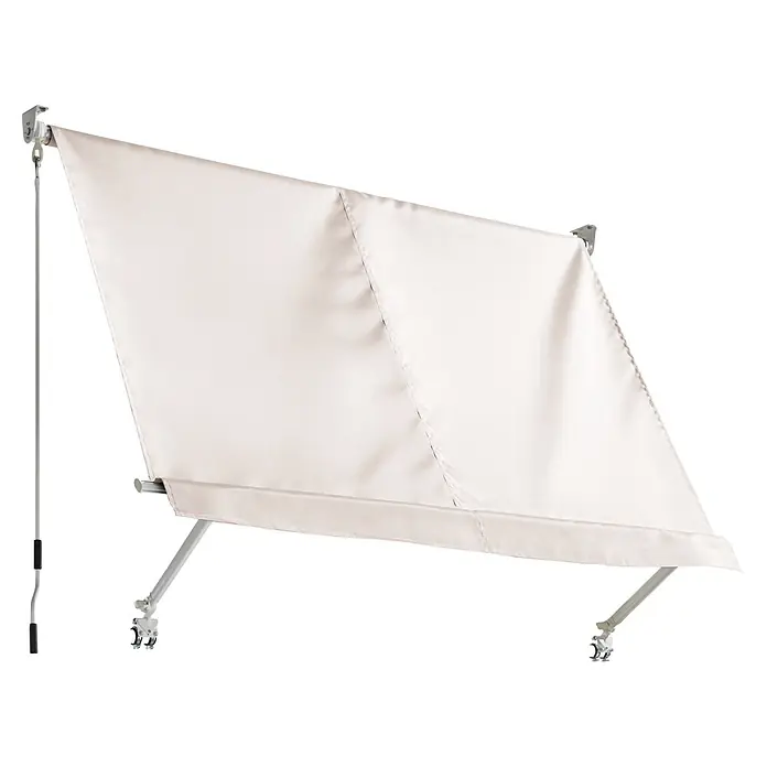 Sunfun Balkonverschattung / Balkonmarkise - Beige, Breite: 2,95 m, Ausfall: 2,45 m - Creme-farbene Markise mit Metallgestell und Kurbel.