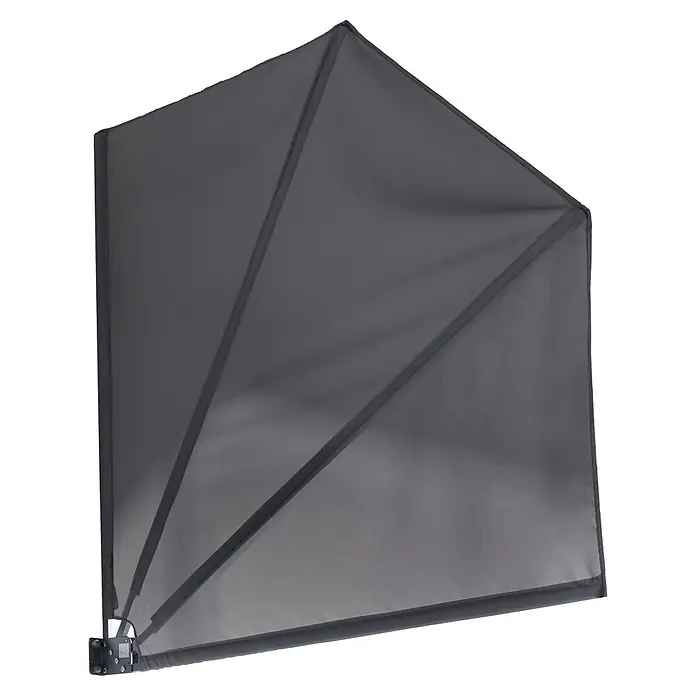 Sunfun Balkonfächer - Grau, 1,4 x 1,4 m - Dunkelgraue Markise mit sichtbarer Stützstruktur und Mechanismus.