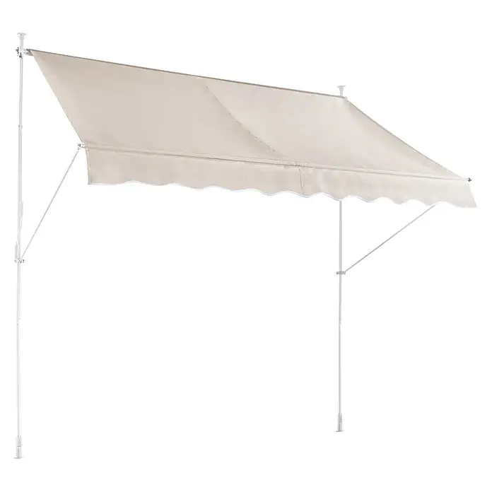 Sunfun Klemmmarkise / Senkrechtmarkise - Beige, Breite: 2,5 m, Ausfall: 1,3 m - Beige Stoffmarkise mit weißen Stützstangen und dekorativem Wellenrand für Außenschatten.