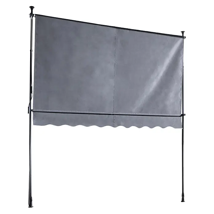 Sunfun Klemmmarkise / Senkrechtmarkise - Anthrazit, Breite: 3 m, Ausfall: 1,3 m - Graue Markise mit wellenförmigem Volant, auf schwarzem Ständer montiert.