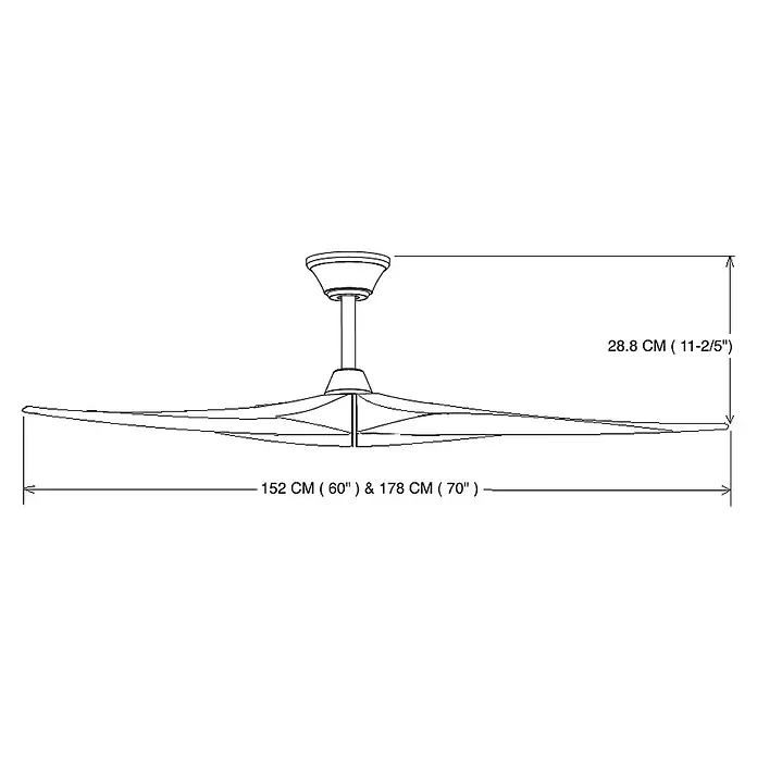 Vam Deckenventilator Energiespar Deckenventilator KOA messing Walnuss 152 cm - Walnuss, 1.530 mm, 27 W - Technische Zeichnung eines Deckenventilators mit Maßen: 28,8 cm Höhe, 152 cm oder 178 cm Durchmesser.