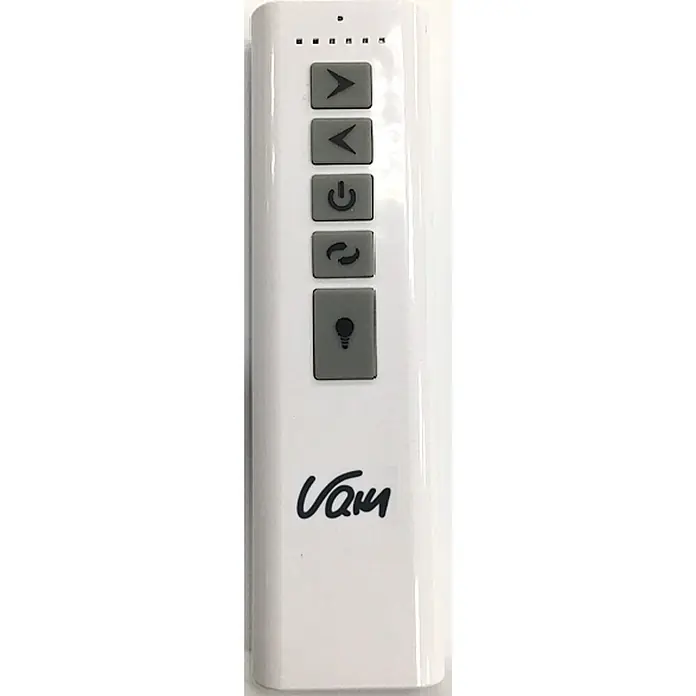 Vam Deckenventilator KOA messing verwitterte Eiche 152 cm - Walnuss, 1.530 mm, 27 W - Weiße Vamu Fernbedienung mit fünf grauen Tasten: rechts, links, Ein/Aus, Zyklus und Glühbirne.