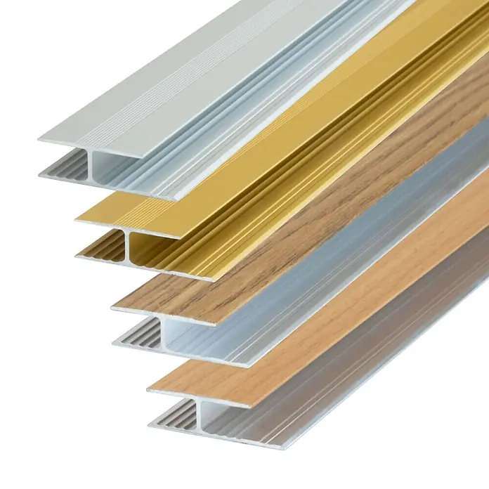 Dalsys Abschlussleiste 100cm Übergangsprofil, Verbindungsprofil Aluminium Buche -  - Gestapelte H-Profil-Bodenübergangsprofile in Silber, Gold und Holzoptik, zum Verbinden zweier Bodenflächen.