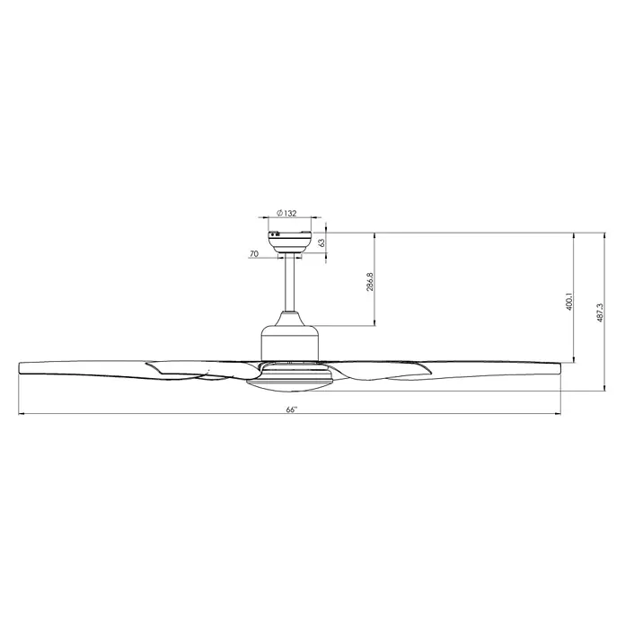 Vam Deckenventilator Energiespar Deckenventilator ECO-LED weiß 167 cm - Weiß, 1.670 mm, 55 W - Technische Zeichnung eines Deckenventilators mit Maßen.