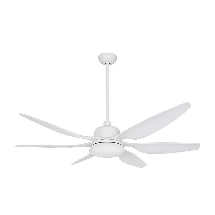 Vam Deckenventilator Energiespar Deckenventilator ECO-LED weiß 167 cm - Weiß, 1.670 mm, 55 W - Weißer moderner Deckenventilator mit sechs geschwungenen Flügeln, an einer Stange hängend.