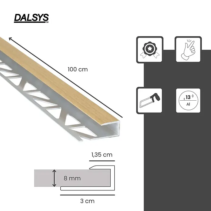 Dalsys Abschlussleiste 100cm Abschlussprofil Buche -  - Aluminium-Fliesenprofil mit heller Holzoptik, 100 cm lang, passend für 8 mm Fliesen.
