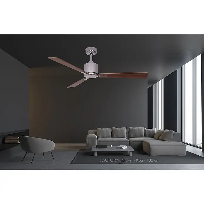 Vam Deckenventilator Energiespar Deckenventilator FACTORY chrome 132 cm Teak-Rosenholz - TEAK-ROSENHOLZ, 1.320 mm, 31 W - Deckenventilator aus Nickel mit Koa-Holzflügeln (132 cm) in modernem Wohnzimmer.