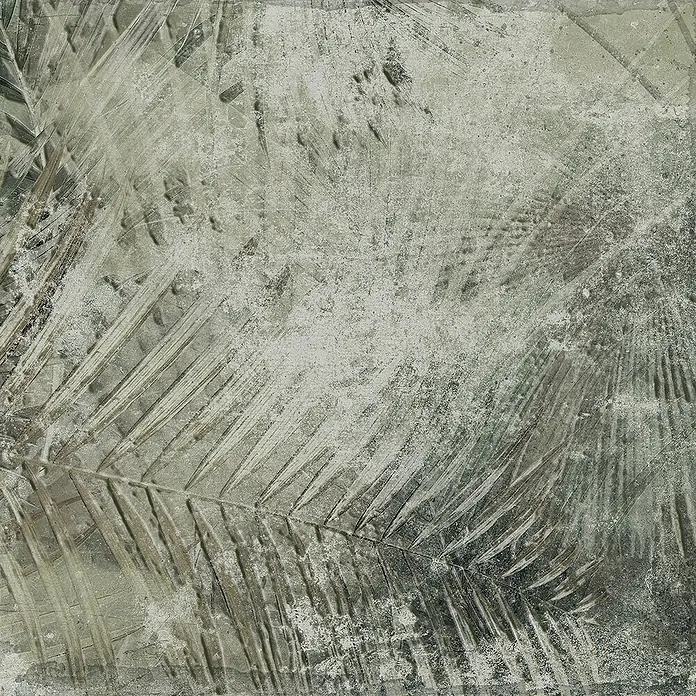 Feinsteinzeugfliese Amazonia - 24,8 x 24,8 cm, Grün, Matt - Abgenutzte graugrüne Fliese mit dezentem Palmblattmuster.