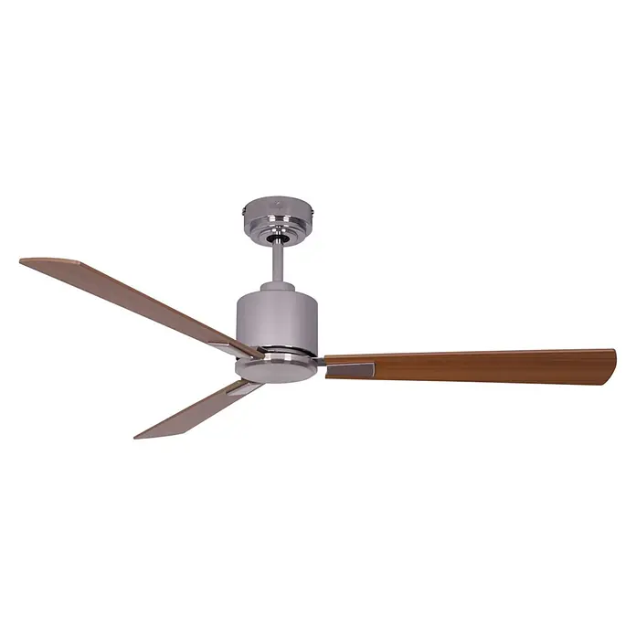 Vam Deckenventilator Energiespar Deckenventilator FACTORY chrome 132 cm Teak-Rosenholz - TEAK-ROSENHOLZ, 1.320 mm, 31 W - Moderner Deckenventilator mit silbernem Motorgehäuse und drei hellbraunen Holzflügeln.