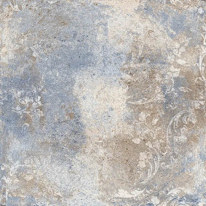 Feinsteinzeugfliese Passion - 24,8 x 24,8 cm, Blau/Beige, Matt - Verwitterte blau-graue und beige Dekorfliese mit subtilen, verblassten Ornamentmustern für rustikale oder Vintage-Ästhetik.