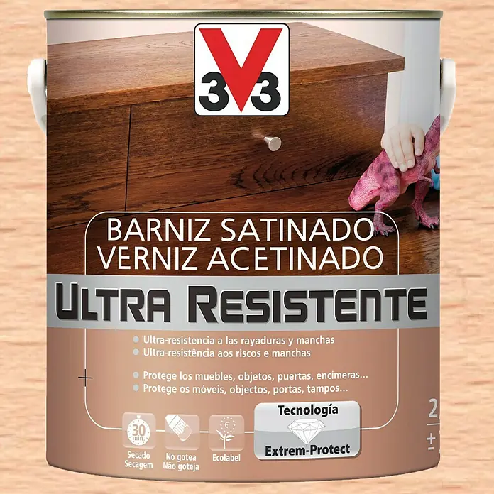 V33 Barniz para madera Satinado Ultra Resistente - Incoloro, Satinado, 2,5 l - Imagen de una lata de barniz satinado Ultra Resistent 3V3, un producto para proteger y mejorar superficies de madera.
